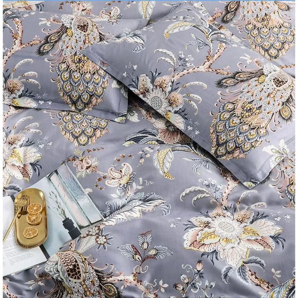 Tahari Home Luxury King 3 Piece Duvet Cover Set Peacock Jacobean Birds Flowers 1